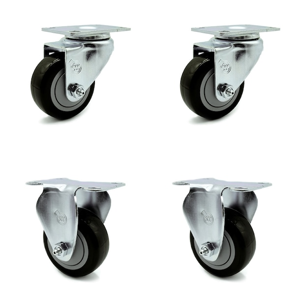 Service Caster 3.5 Inch Black Polyurethane Wheel Swivel Top Plate Caster Set with 2 Rigid SCC SCC-20S3514-PPUB-BLK-TP3-2-R-2 - main